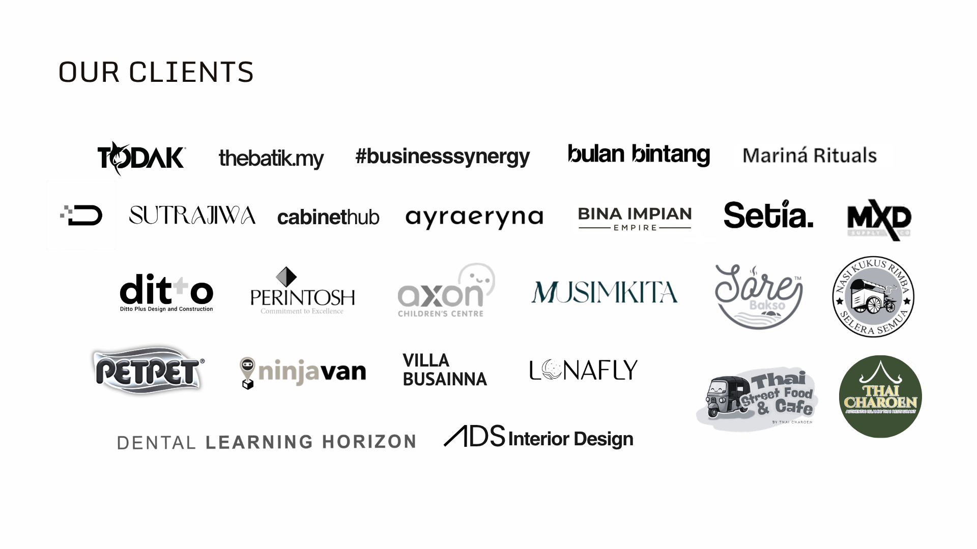 Find360 client logos: Todak, thebatik.my, Bulan Bintang, Mariná Rituals, Setia, MXD, Ditto, Axon, PetPet, Ninja Van, Nasi Kukus Rimba, Thai Charoen, ADS Interior Design, and more